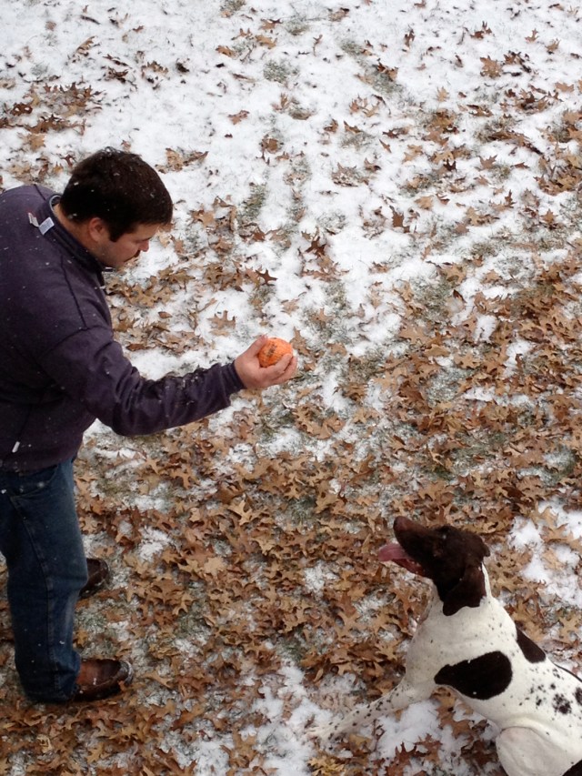 playing with karl in snow